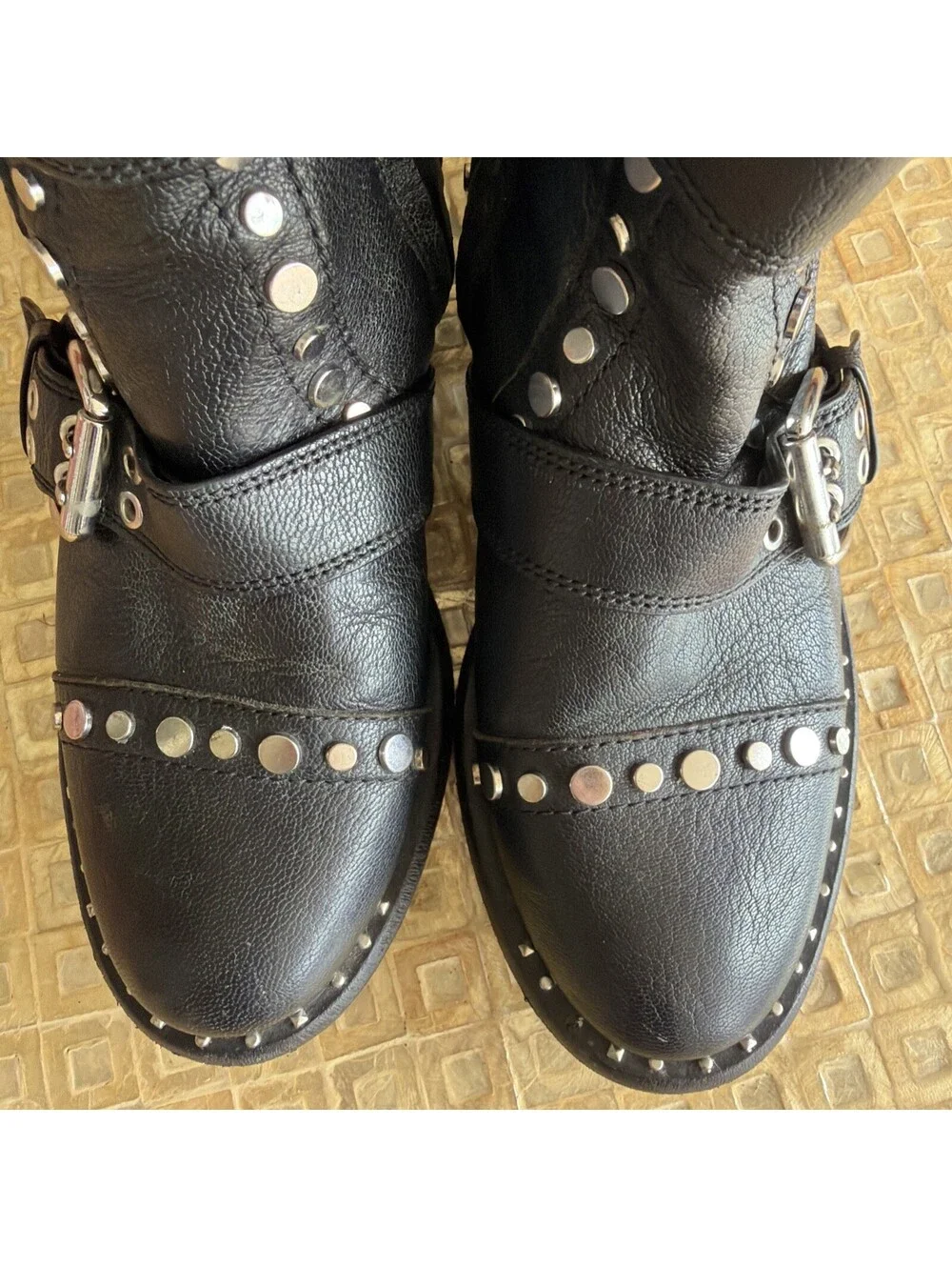 Sam Edelman Womens Drea Black Leather Studded Side Zip Moto Boots Size US 7